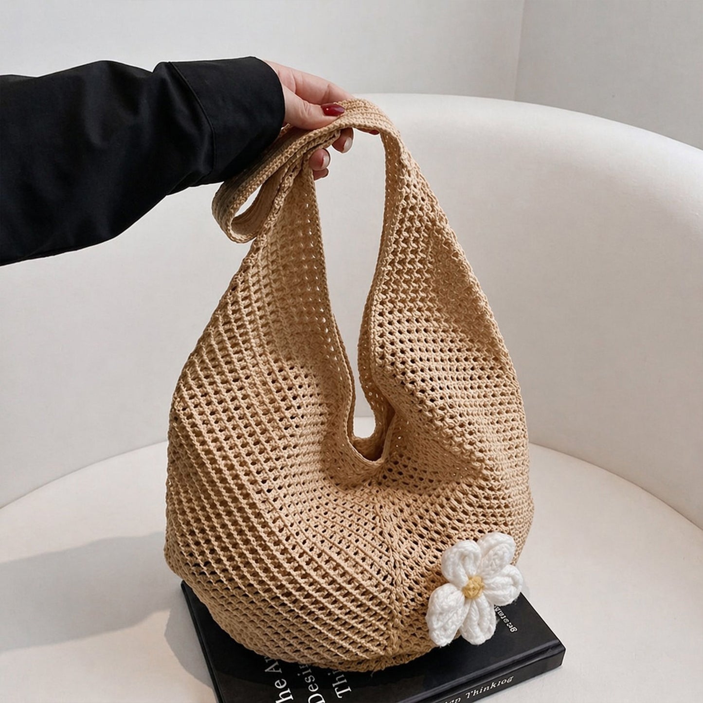 Woven Crochet Hobo Shoulder Bag Lightweight Knit Slouchy Tote with Flower Detail