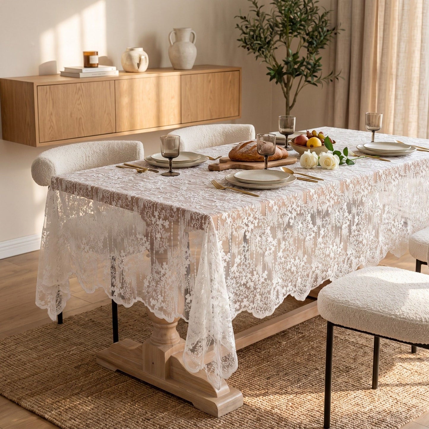 White Floral Embroidered Lace Square Tablecloth 51.2x51.2in