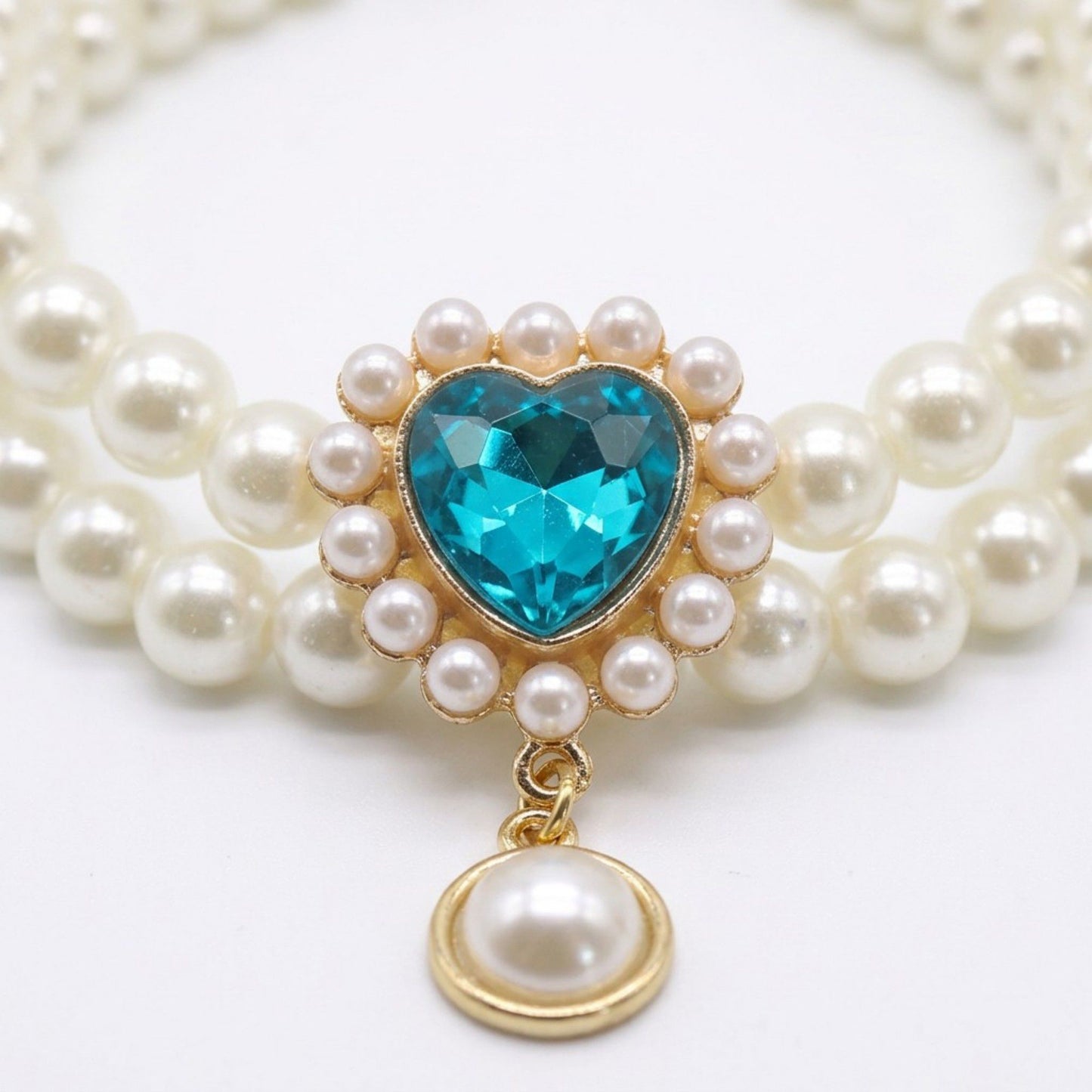 Double Strand Faux Pearl Pet Necklace Heart Gem Pendant Adjustable Collar Jewelry for Cats and Small Dogs