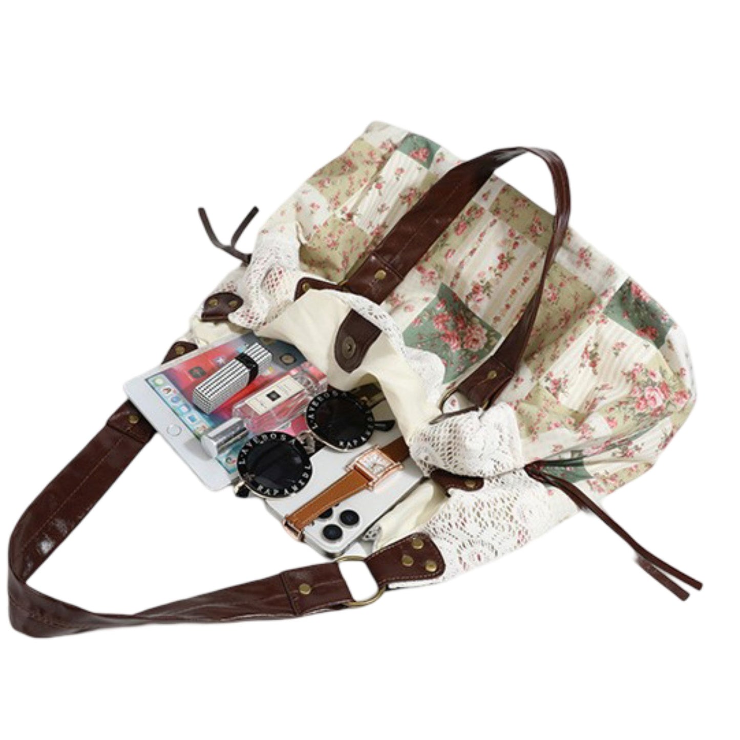 Patchwork Shoulder Bag with Crochet Lace Detail and Faux Leather Straps
