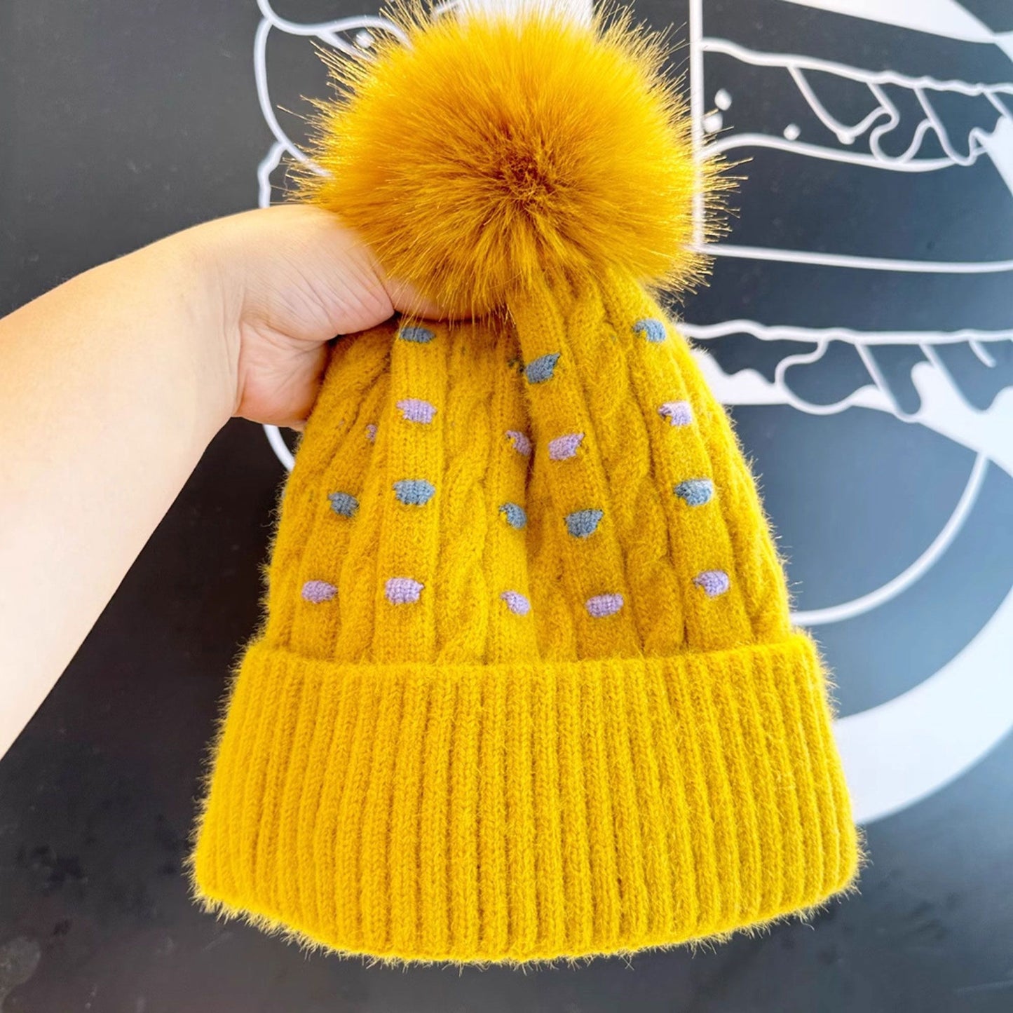 Knit Beanie with Large Faux Fur Pom-Pom - Winter Hat with Embroidered Accents