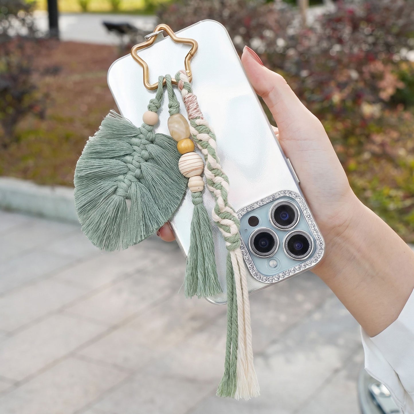 Green Macrame Leaf Bag Charm with Beads Braided Tassel and Star Clip