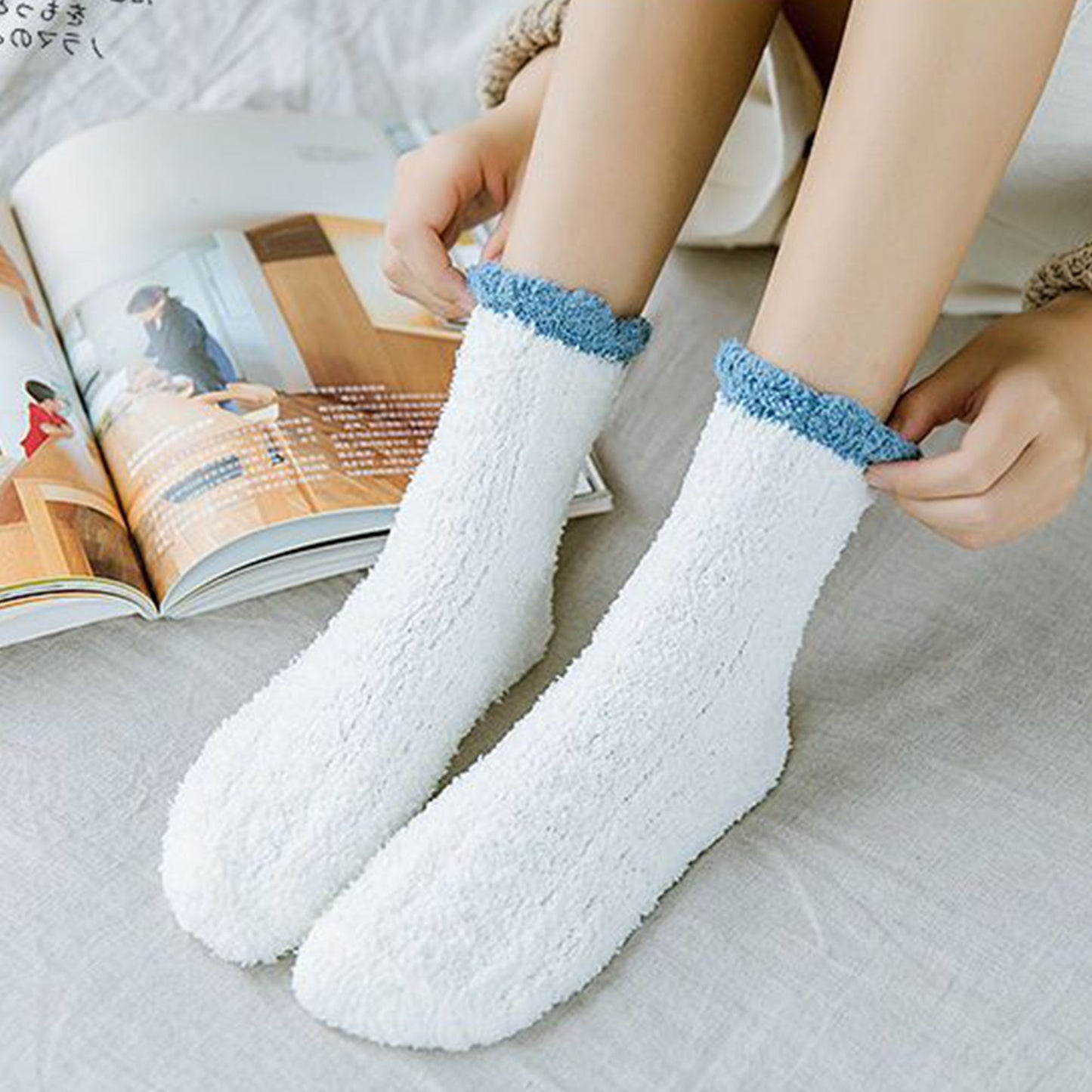 4-Pair Plush Cozy Fuzzy Socks with Contrast Cuffs for Winter Indoor Warmth
