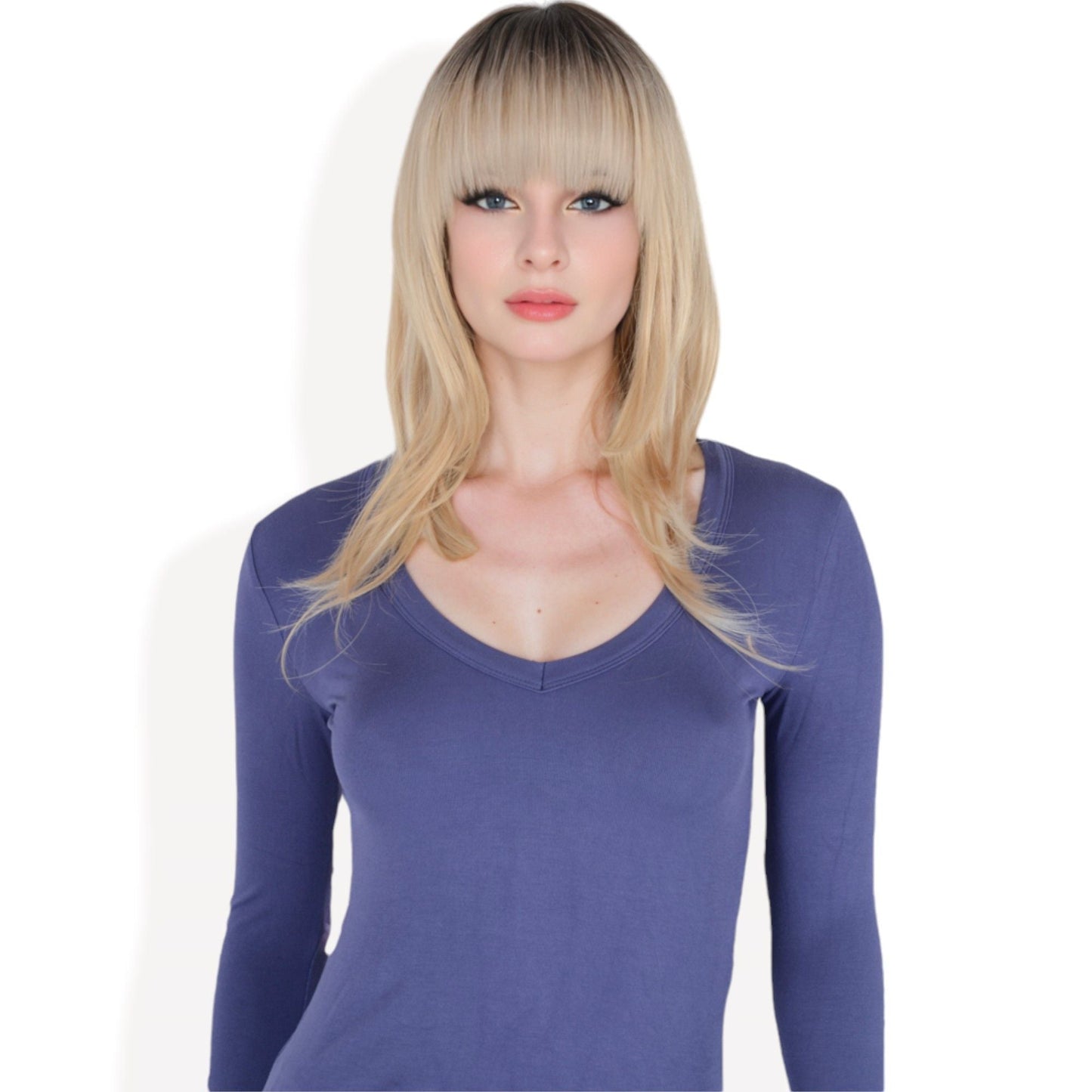 Long Blonde Wig with Curtain Bangs and Dark Roots  Heat Resistant Synthetic Layered Wig for Women