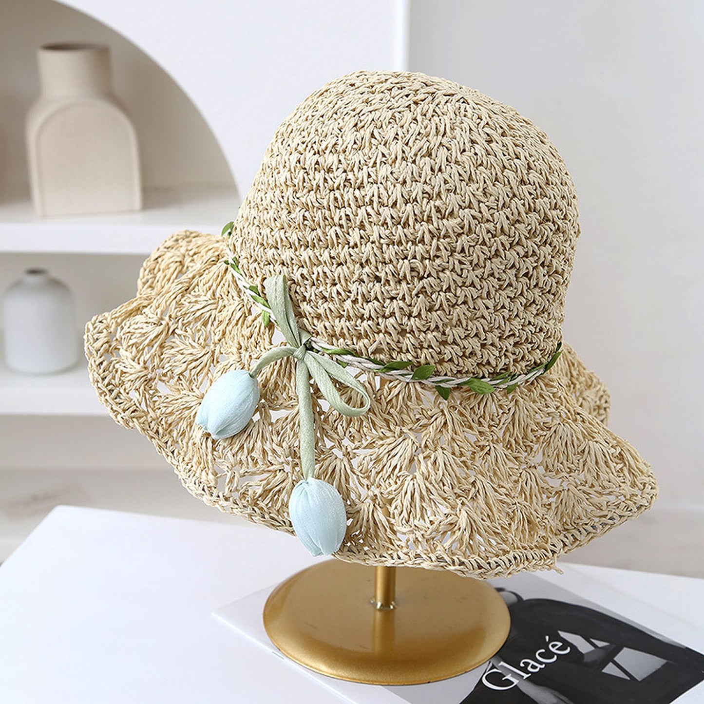 Hand - Crocheted Straw Sun Hat with Floral Accents