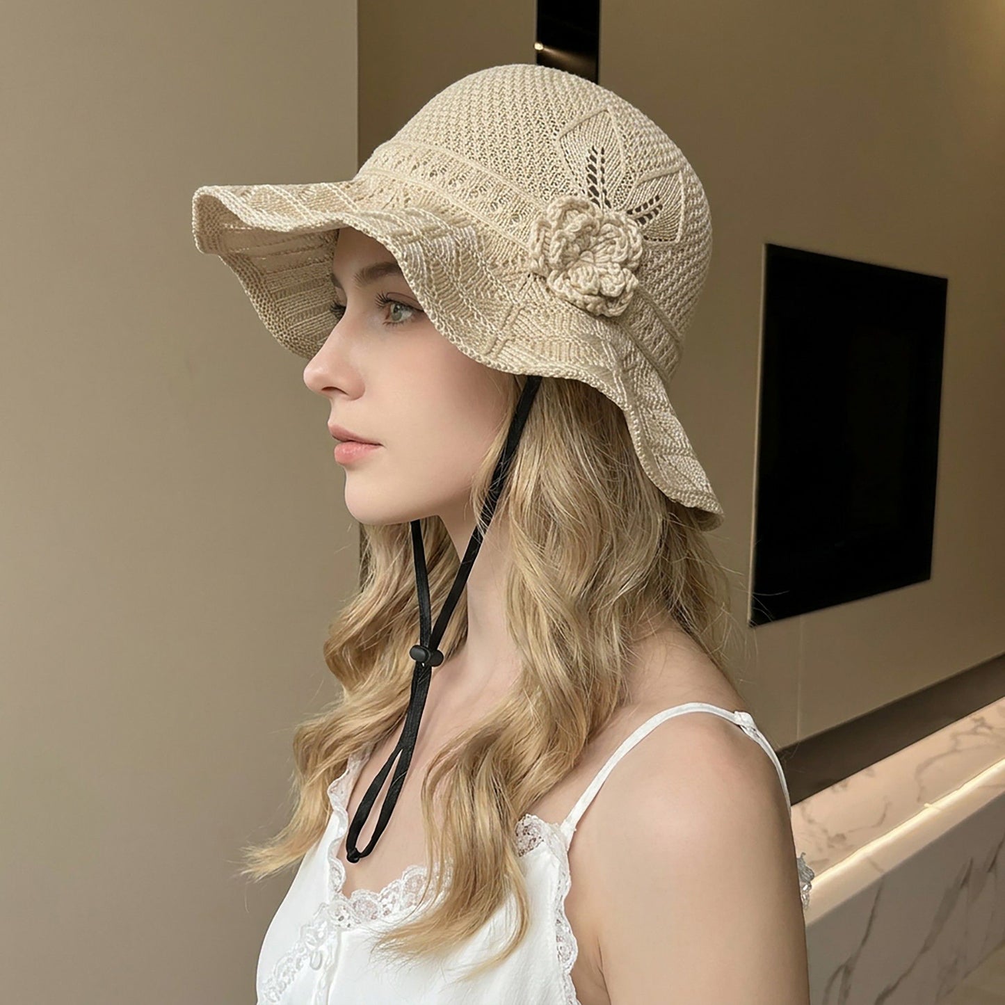Crochet Wide Brim Sun Hat with Floral Accent Scalloped Edge and Chin Strap