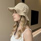 Crochet Wide Brim Sun Hat with Floral Accent Scalloped Edge and Chin Strap