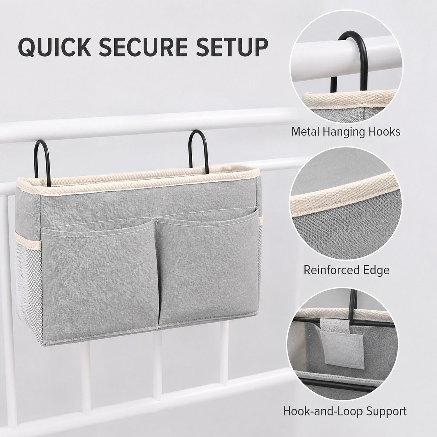 Hanging Bedside Storage Caddy with Hooks and Multiple Pockets Bed Rail Organizer