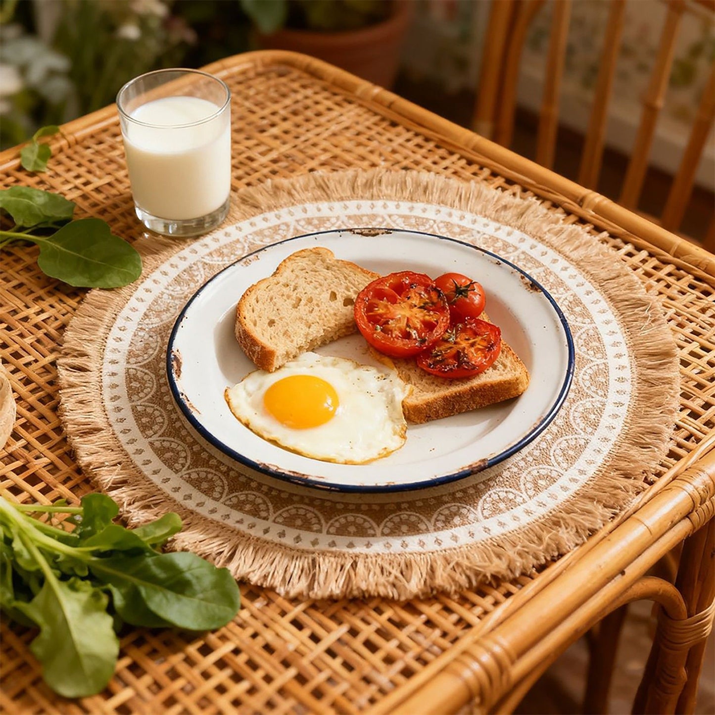 4 Piece Boho Round Placemat Set Woven Look Heat Resistant Table Mats for Dining Table