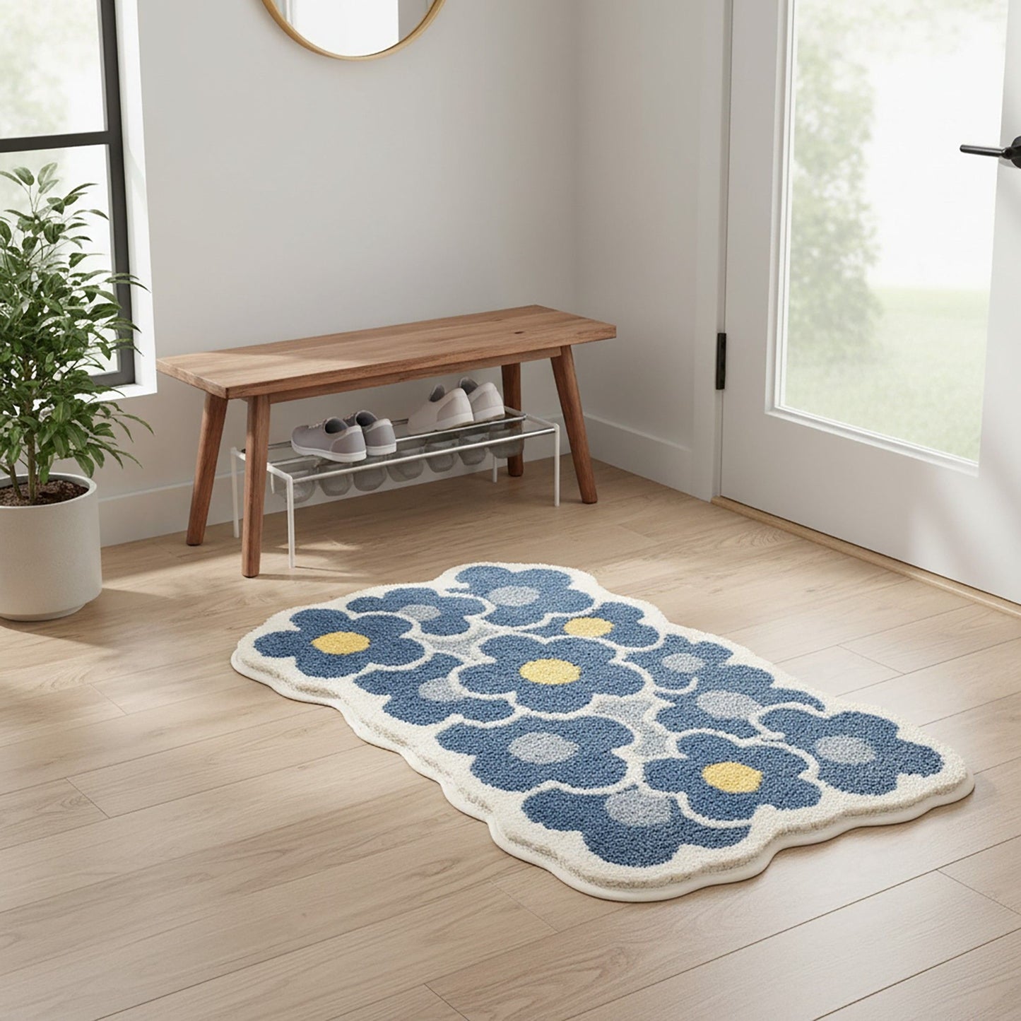 Tufted Floor Mat with Floral Daisy Pattern Non Slip Backing Soft Plush Decorative Scalloped Edge Rug
