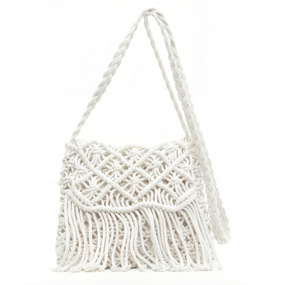 Macrame Fringe Shoulder Bag Knotted Rope Crossbody Handbag Boho Woven Tassel Bag Lightweight Handmade Style Purse