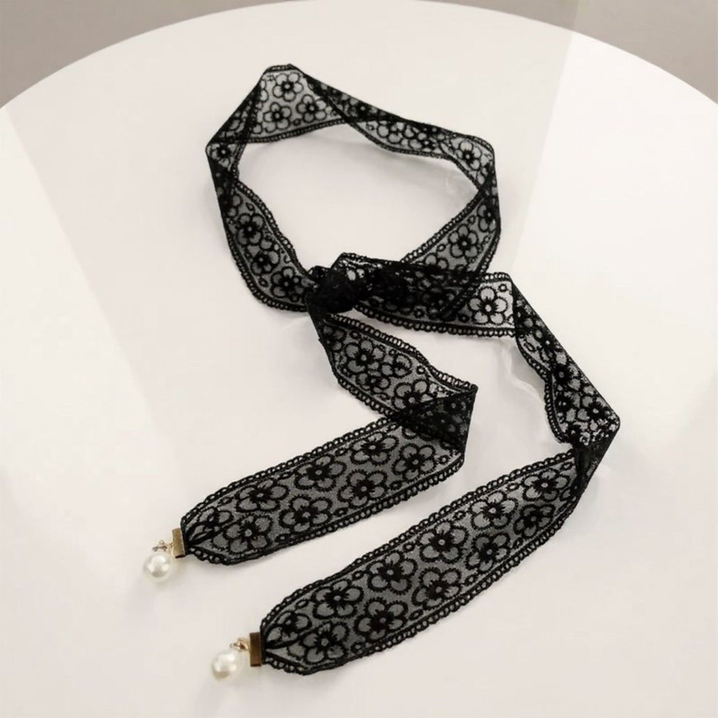 Floral Lace Ribbon Belt with Oversized Bow and Pearl Drop Details 59in
