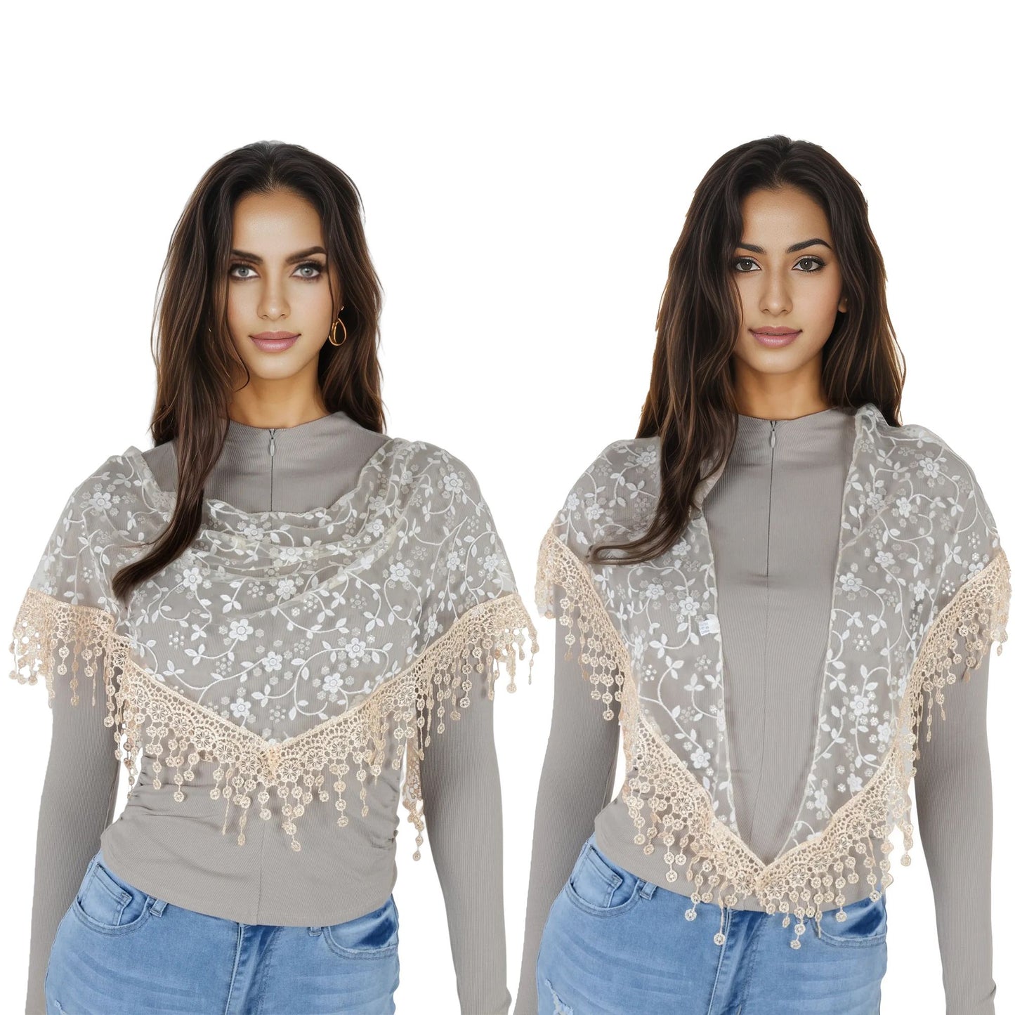 Lightweight Lace Floral Head Scarf Fringe Triangular Shawl