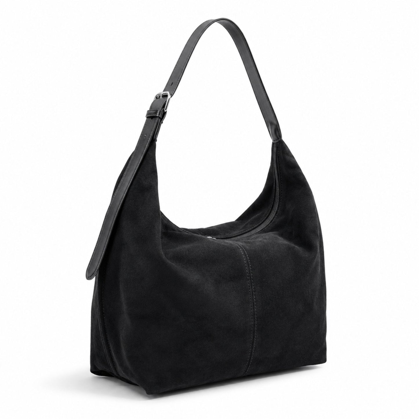 Slouchy Faux Suede Hobo Shoulder Bag with Zipper Closure and Adjustable Strap