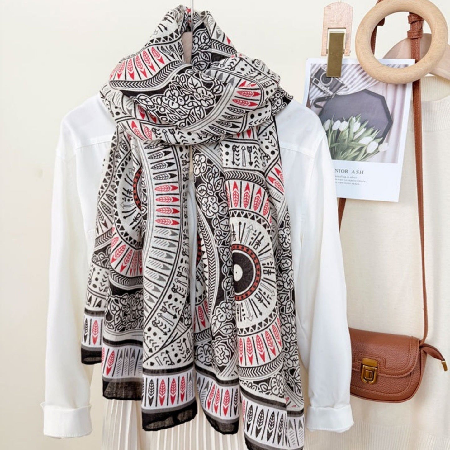Lightweight Printed Scarf with Intricate Circular Pattern and Soft Draping Design for Stylish Everyday Layering 33.5x71in
