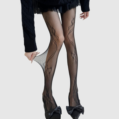 Sheer Bow Line Pattern Tights with Soft Stretch Mesh, Delicate Ribbon Artwork, and Smooth Knit Finish One Size Fits Most