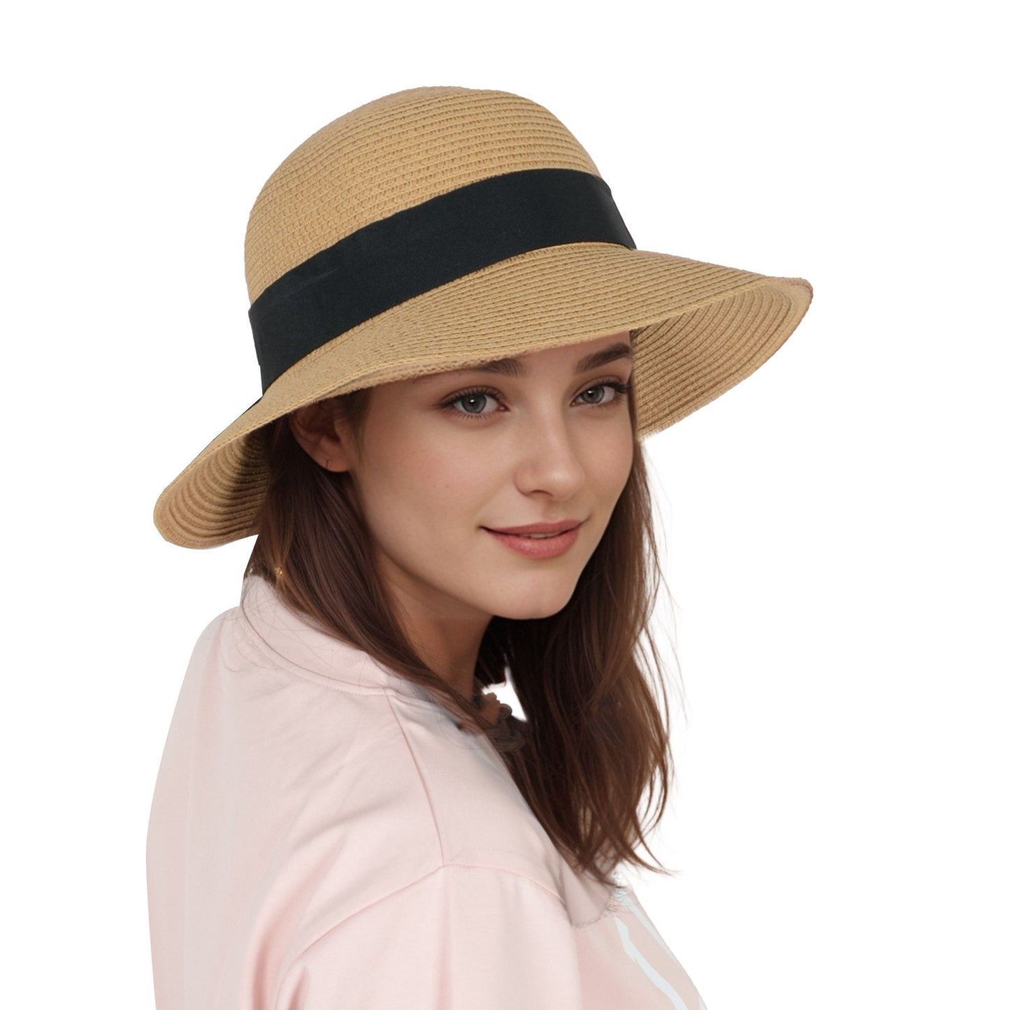 Wide Brim Straw Sun Hat with Black Ribbon Bow Adjustable Chin Strap Inner Sweatband for Outdoor and Travel Use