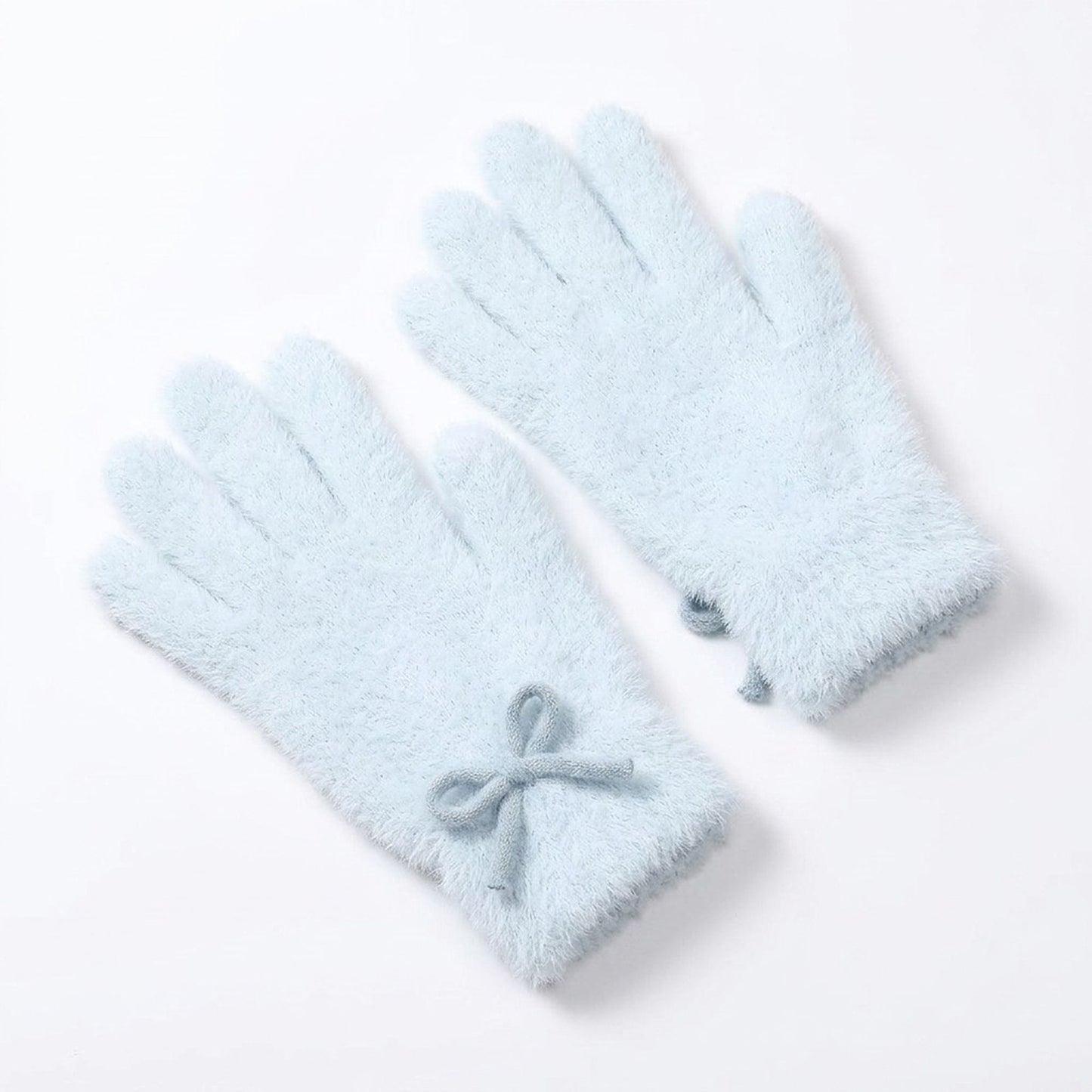Soft Fuzzy Winter Gloves with Knit Bow Detail