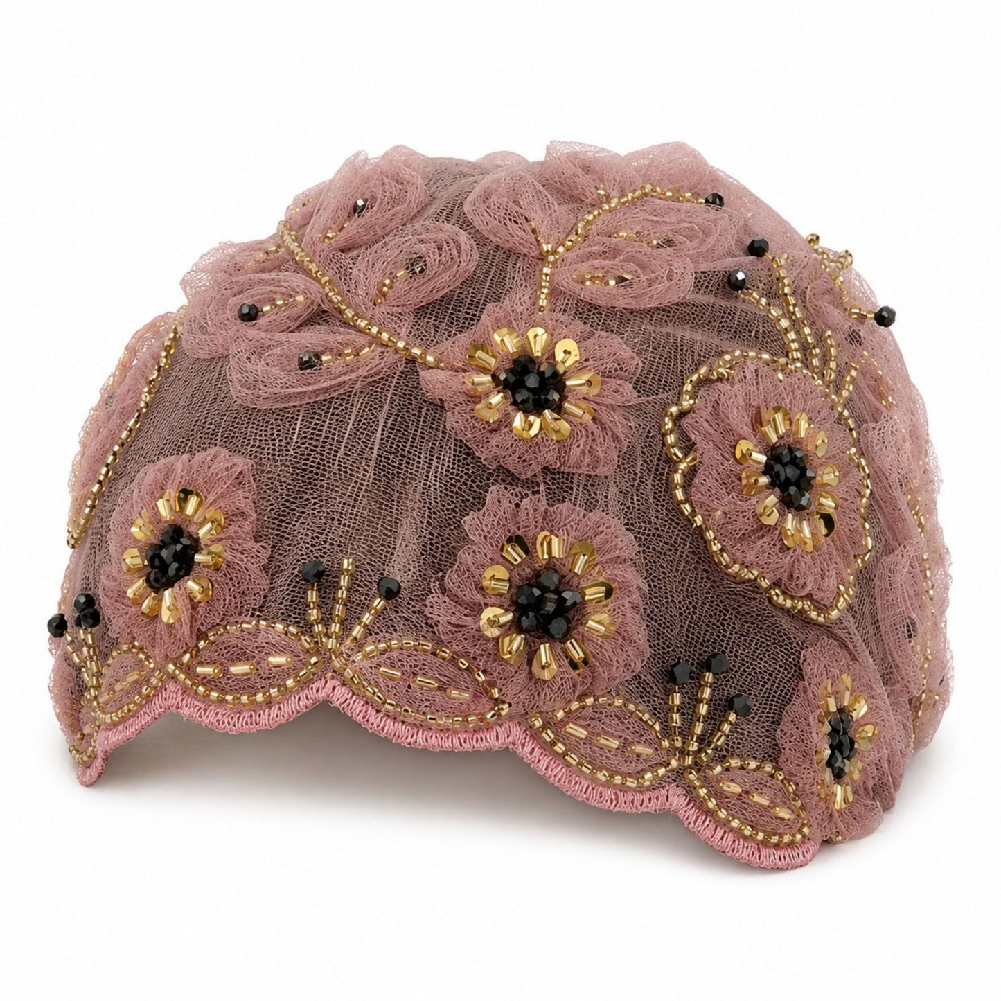 Floral Beaded Mesh Cloche Cap with Scalloped Trim