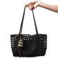 Open Weave Leather Tote Bag with Braided Shoulder Straps and Interior Zip Compartment