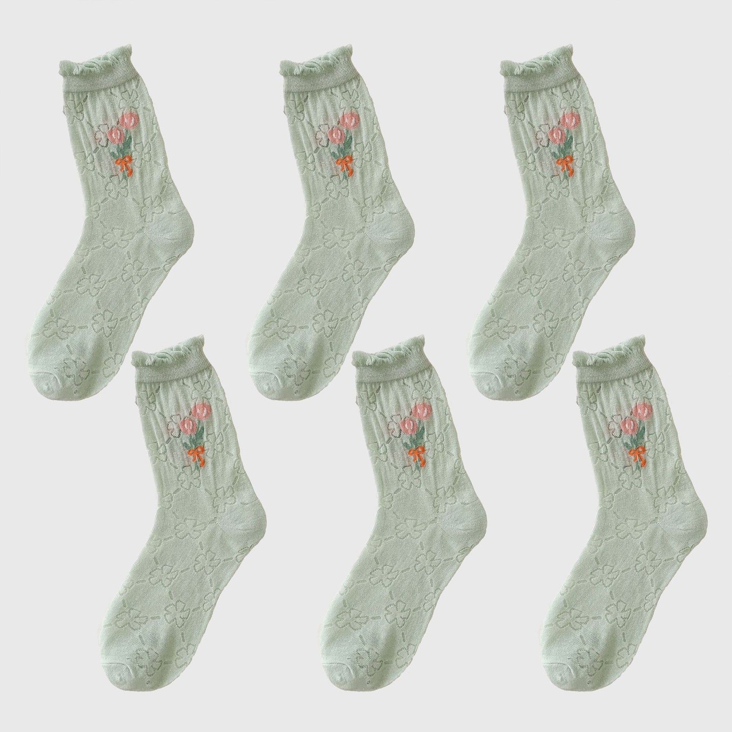 Sheer Floral Embroidered Ankle Socks with Ruffle Cuff 6Pk