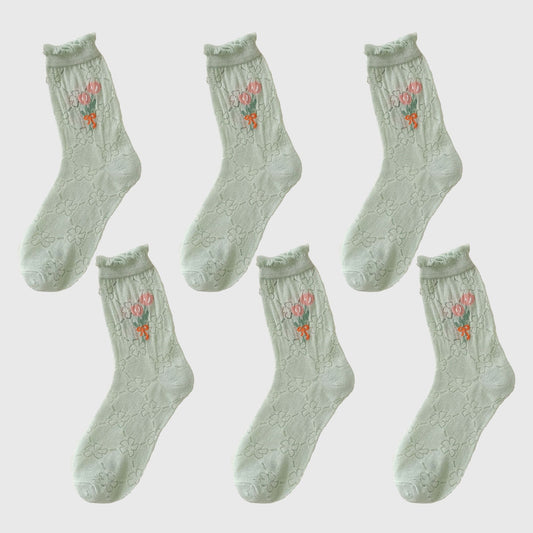 Sheer Floral Embroidered Ankle Socks with Ruffle Cuff 6Pk