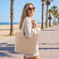 Woven Crochet Tote Bag with Shoulder Straps Lightweight Knit Tote with Zipper Pocket