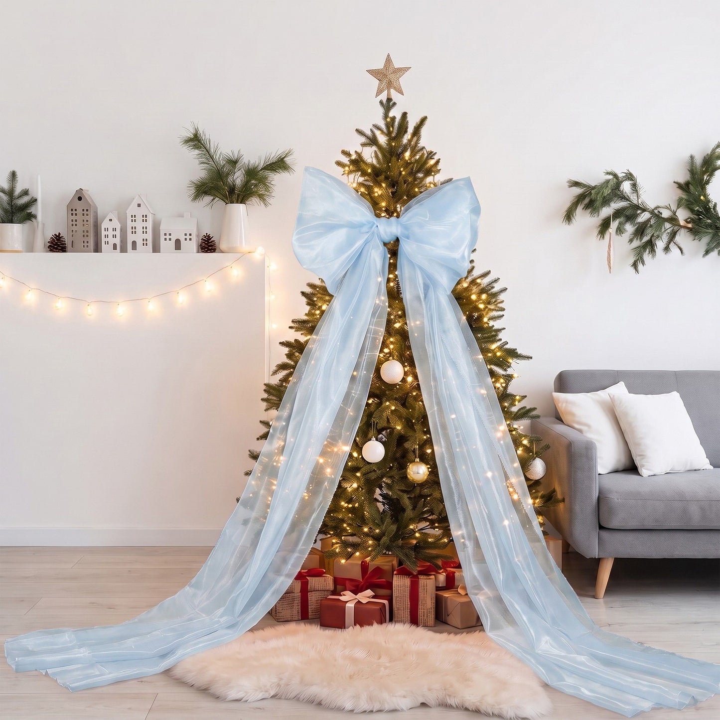 Large Sheer Christmas Tree Bow with Long Ribbon Tails