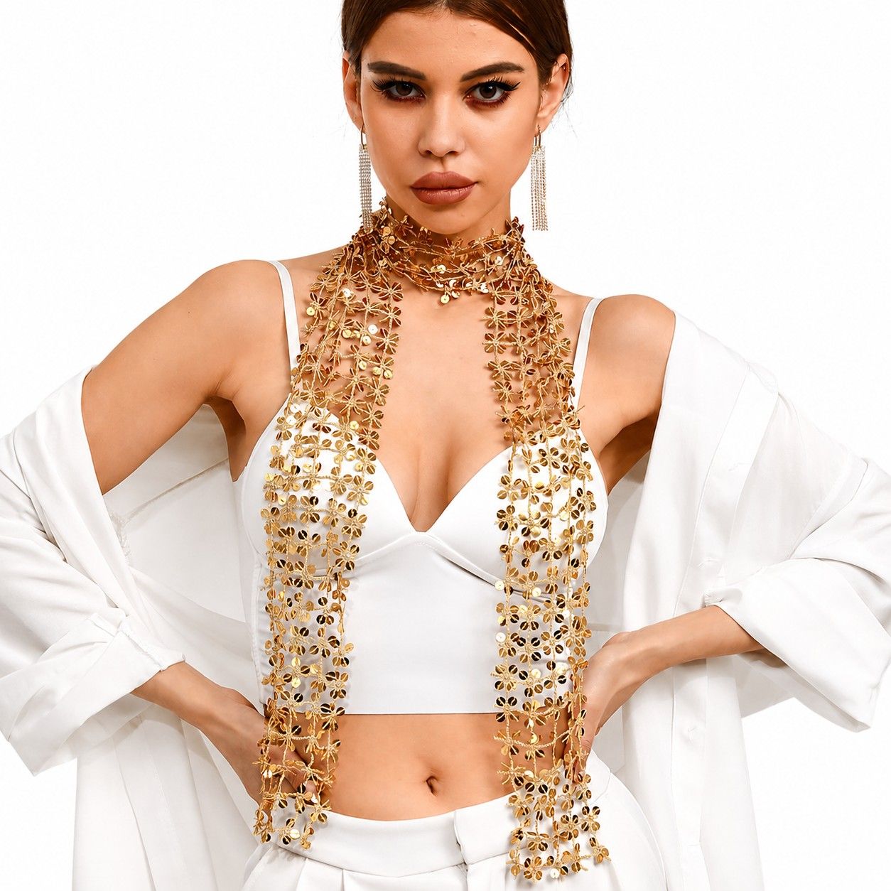 Sequin Floral Skinny Scarf Mesh Neck Wrap