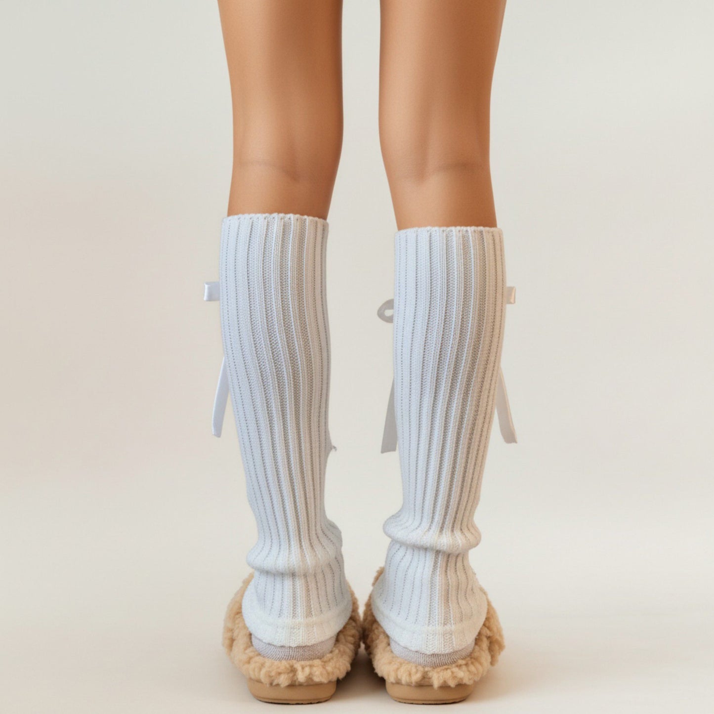 2pcs Women's Ribbed Knit Leg Warmers with Decorative Ribbon Bow Detail Soft Stretch Fit for Cozy Feminine Layered Styling