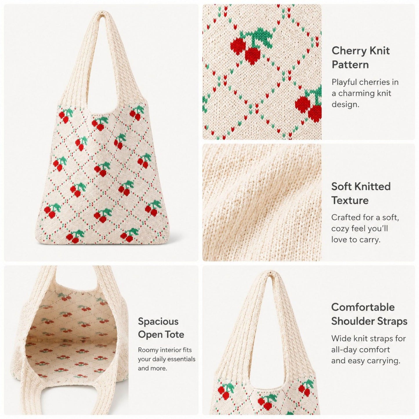 Cherry Knit Tote Bag Crochet Shoulder Purse Large Summer Beach Carryall