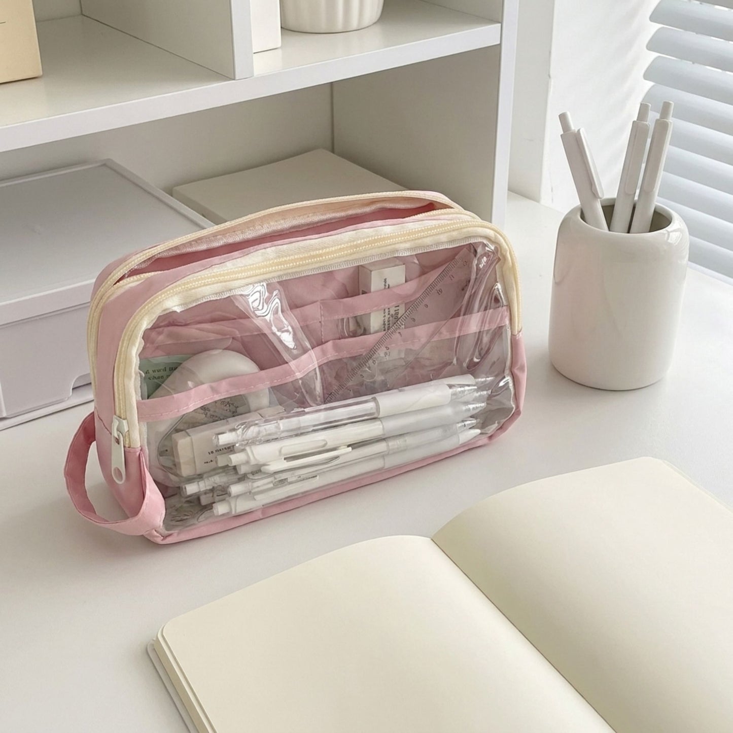 Large Capacity Clear Pencil Case Double Compartment Zipper Pouch with Handle