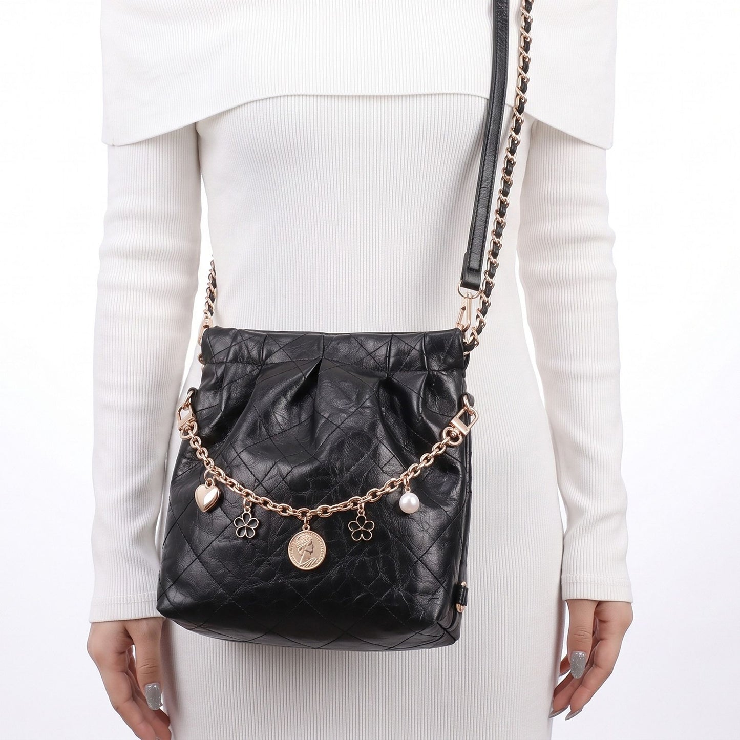 Gold Tone Bag Charm Chain with Black Flower Heart Pearl and Coin Style Charms