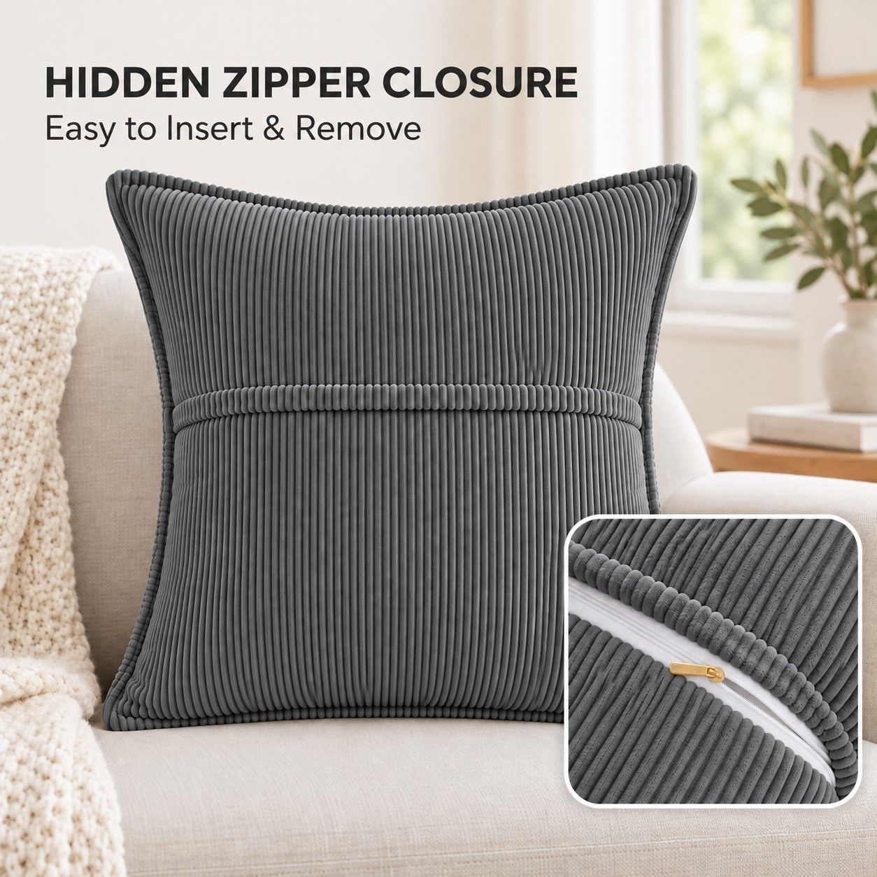 2 Pack Soft Ribbed Corduroy Throw Pillow Covers 18 x 18 Inch Solid Color