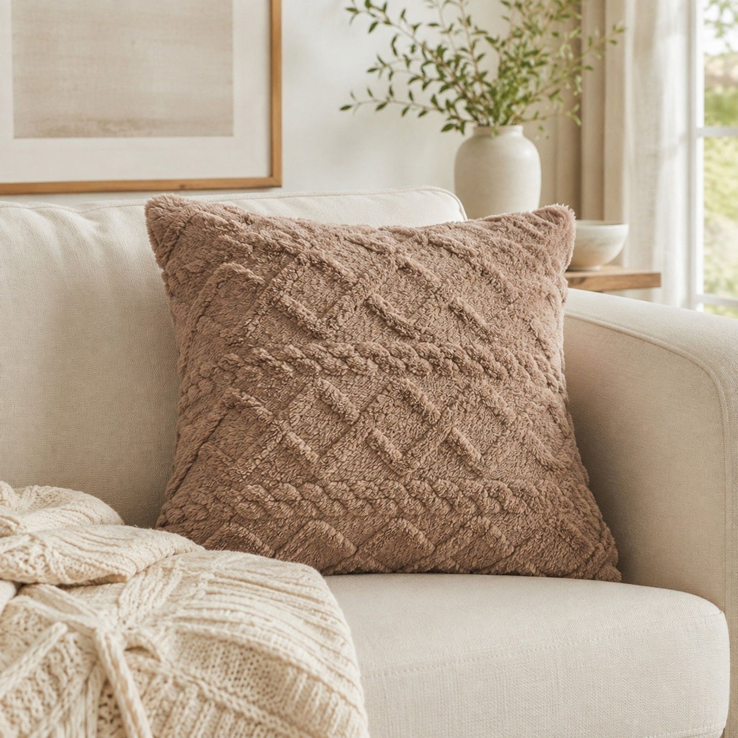 Plush Textured Jacquard Throw Pillow Cover Square Decorative Cushion Cover