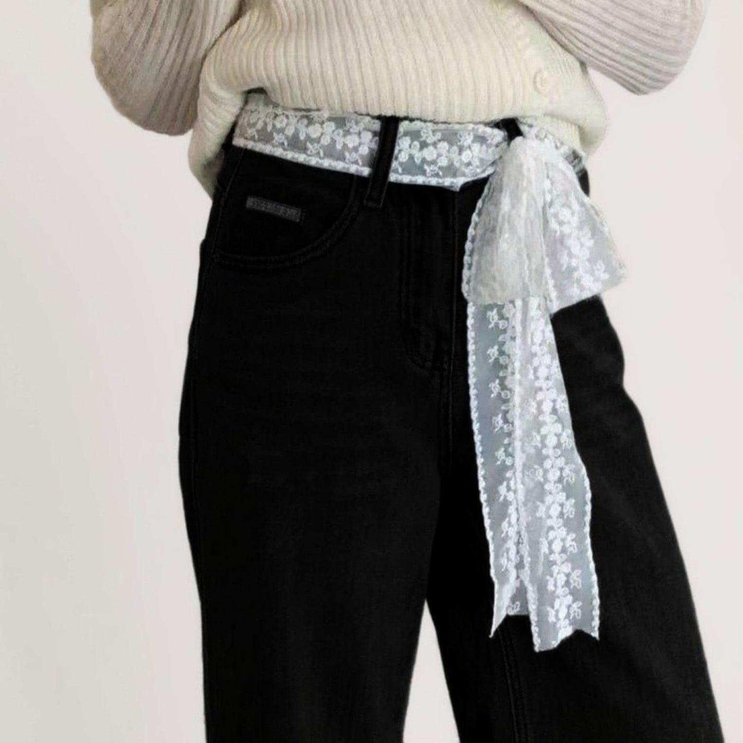 Sheer Floral Lace Belt with Long Tie Ribbon Accent 53in