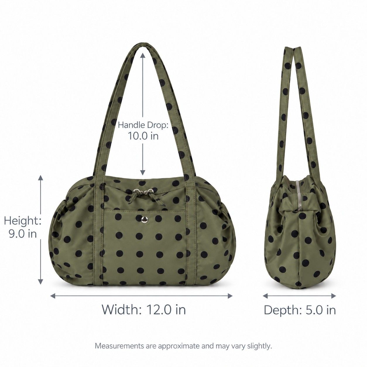 Polka Dot Nylon Barrel Shoulder Bag with Double Handles Zip Closure and Interior Pockets