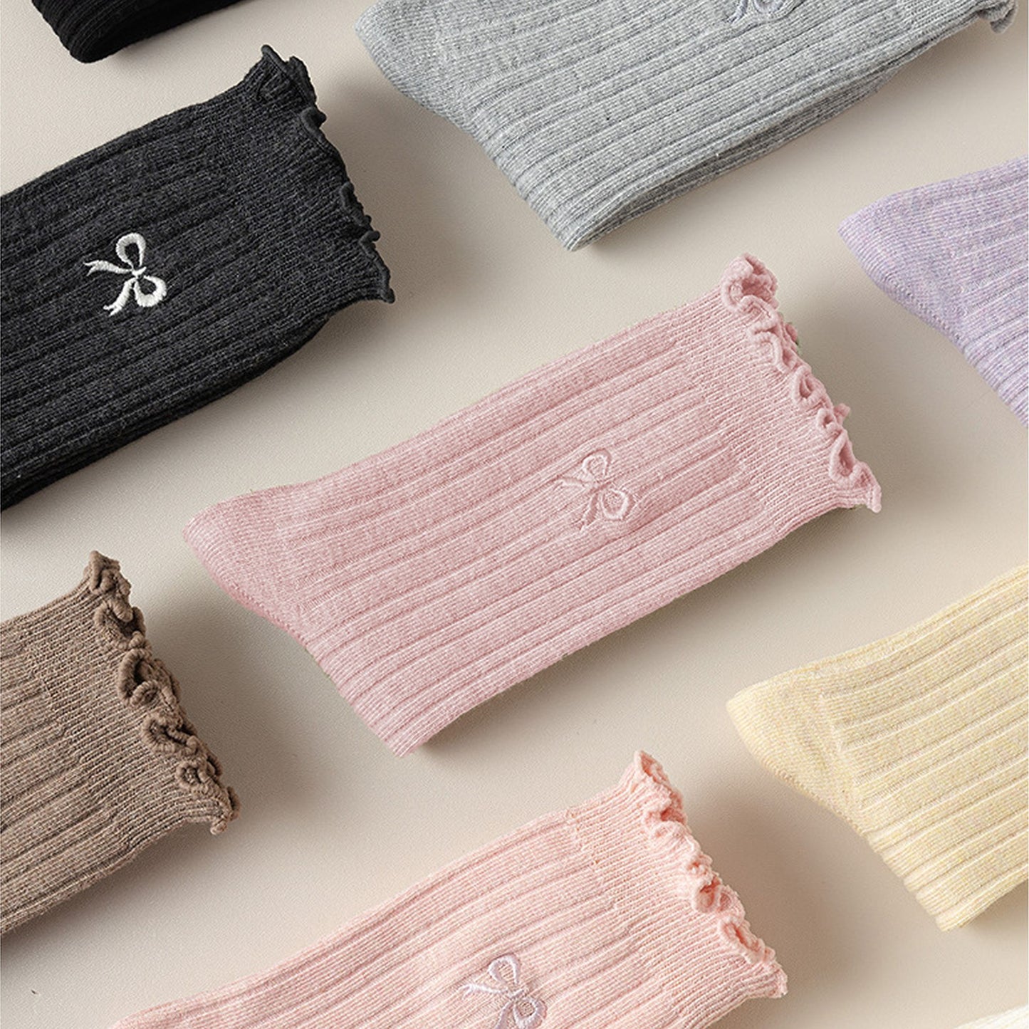 Summer Ribbed Ankle Socks with Bow Embroidery Casual 5Pk