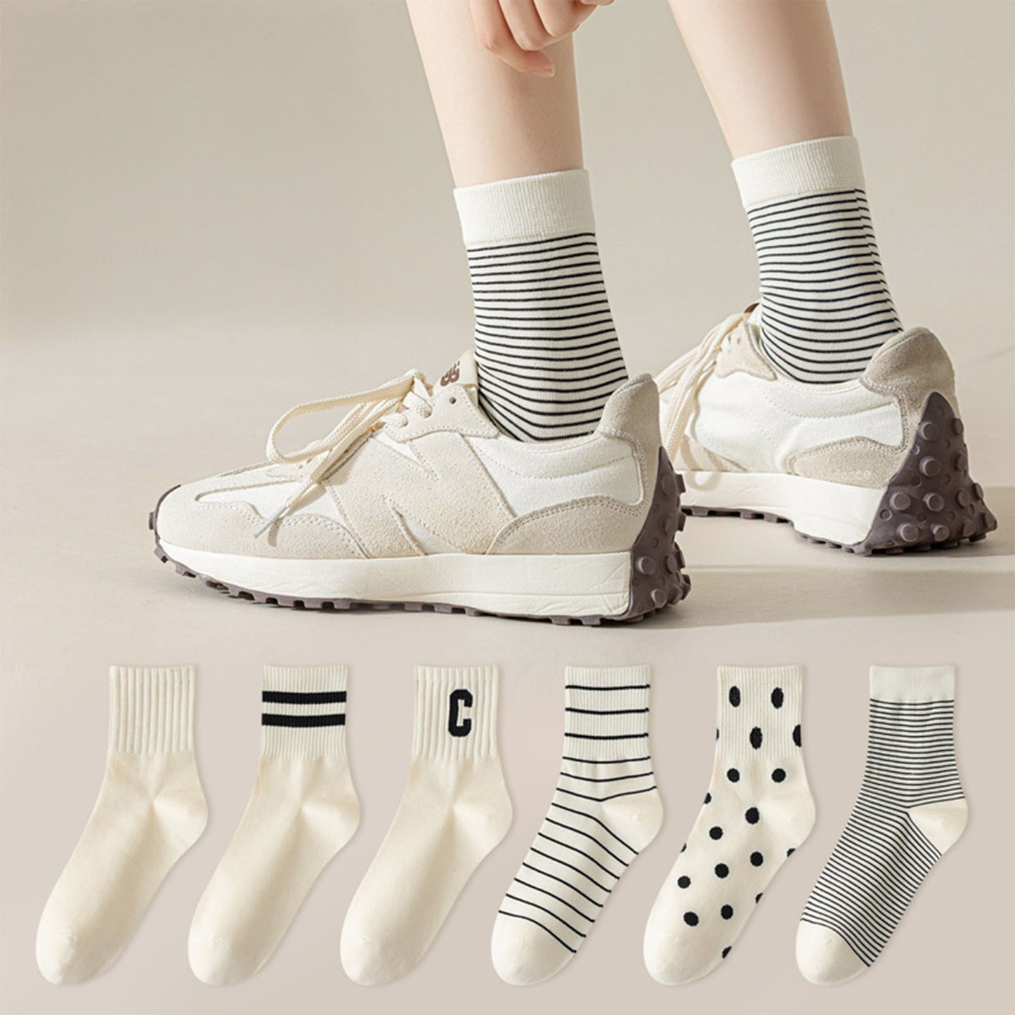 3 Pairs Women's Crew Socks in Cotton Blend Ribbed Cuff Assorted Stripes Dots Letter Graphic Print Design