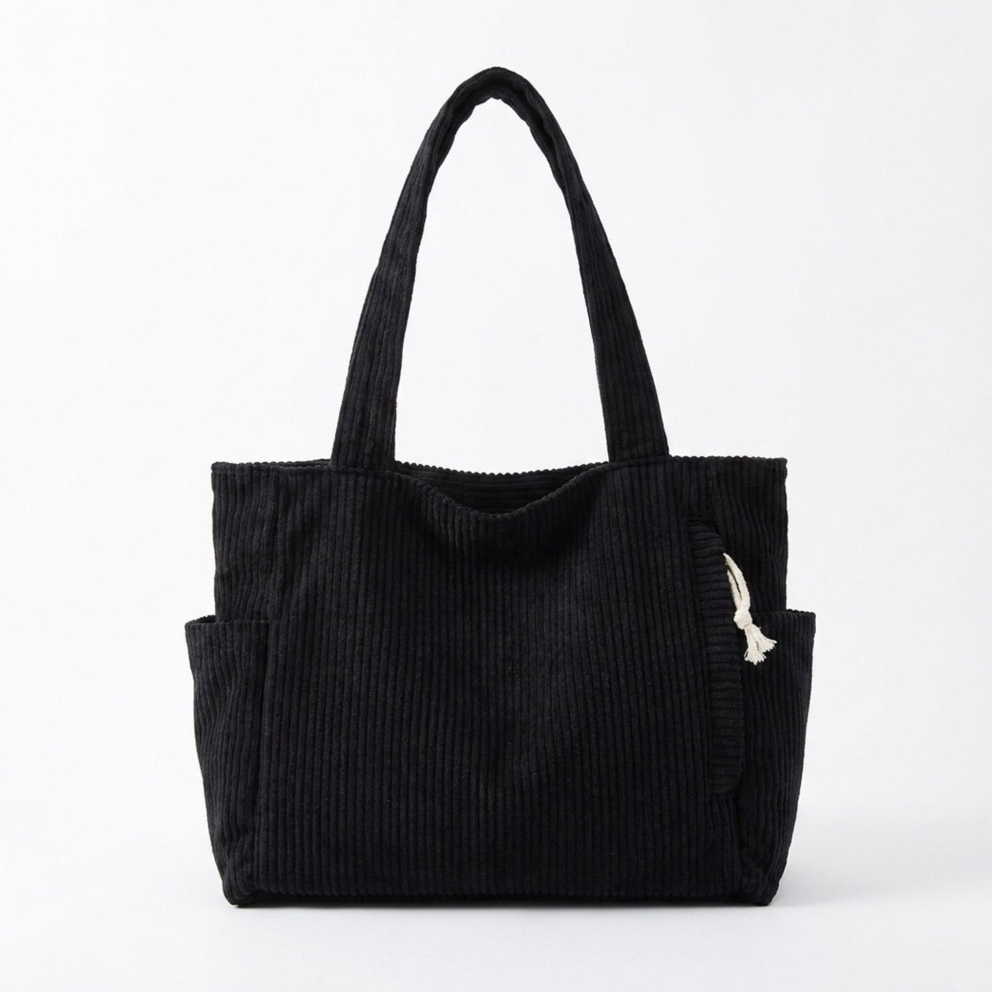 Corduroy Tote Bag Large Capacity Shoulder Bag with Side Pockets and Zipper Closure