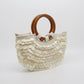 Shell Disc Embellished Top Handle Bag with Beaded Details Round Handle Structured Handbag 11.5x7.5x1 in