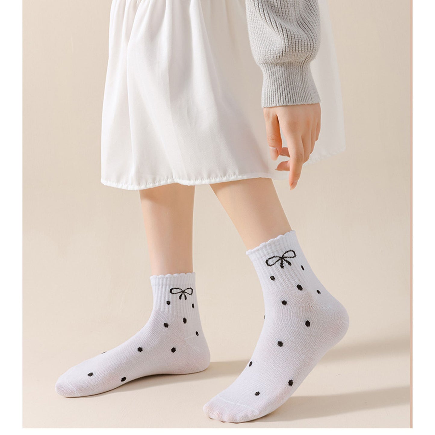 Soft Cotton Ankle Socks with Bow Embroidery Polka Dot Design 4 Pairs