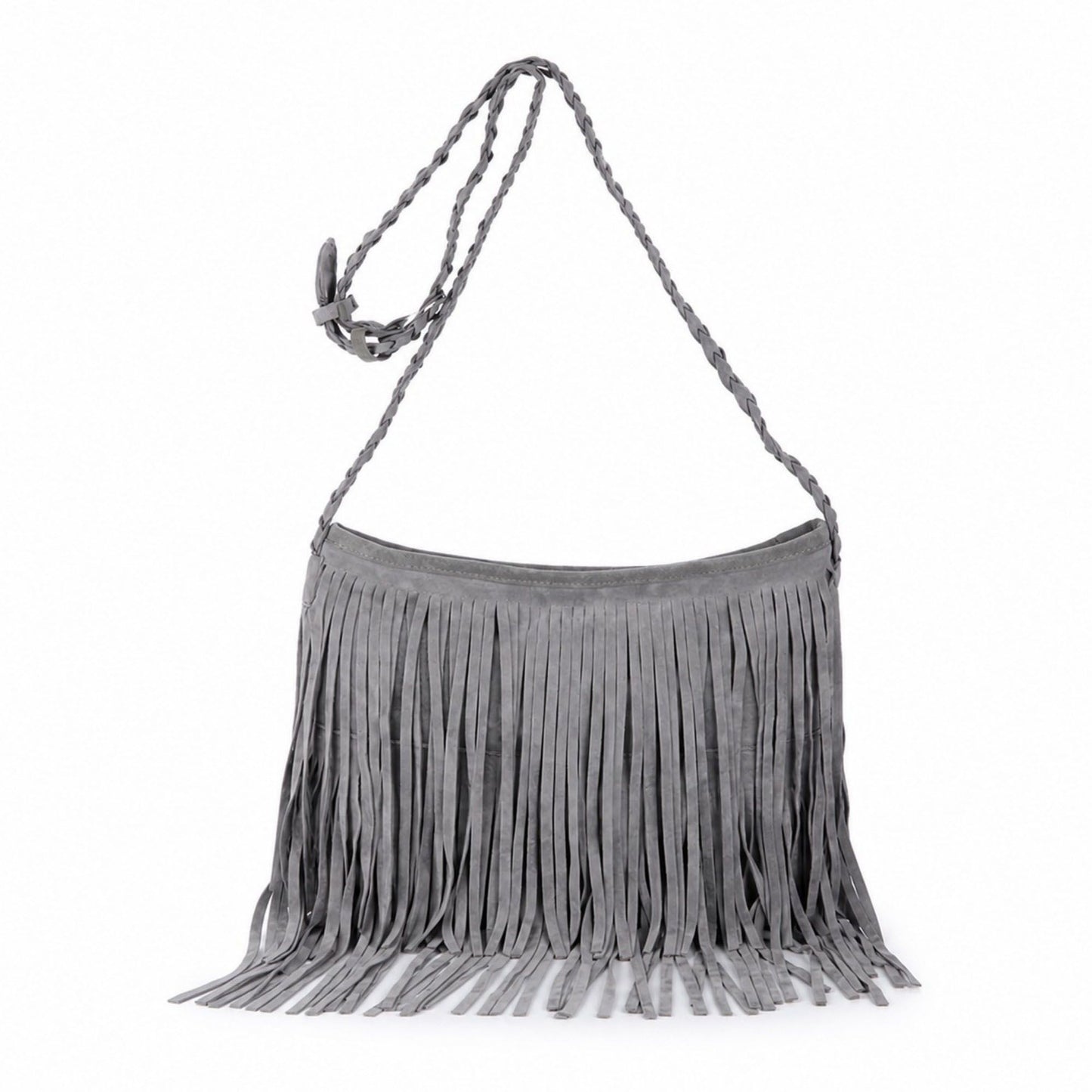 Fringe Crossbody Bag Black Suede Look Boho Shoulder Purse with Braided Strap