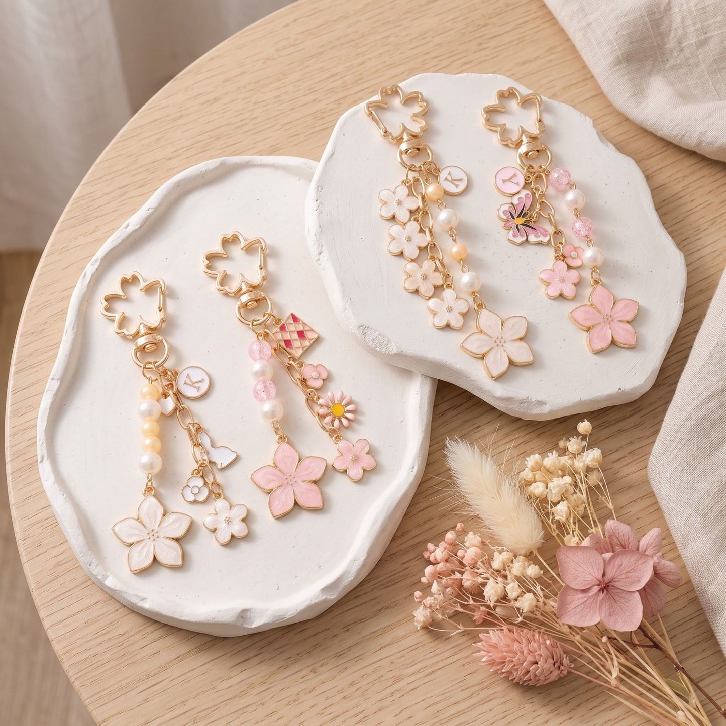 Enamel Cherry Blossom & Floral Multi-Charm Bag Charm Key Chain 4-Piece Set