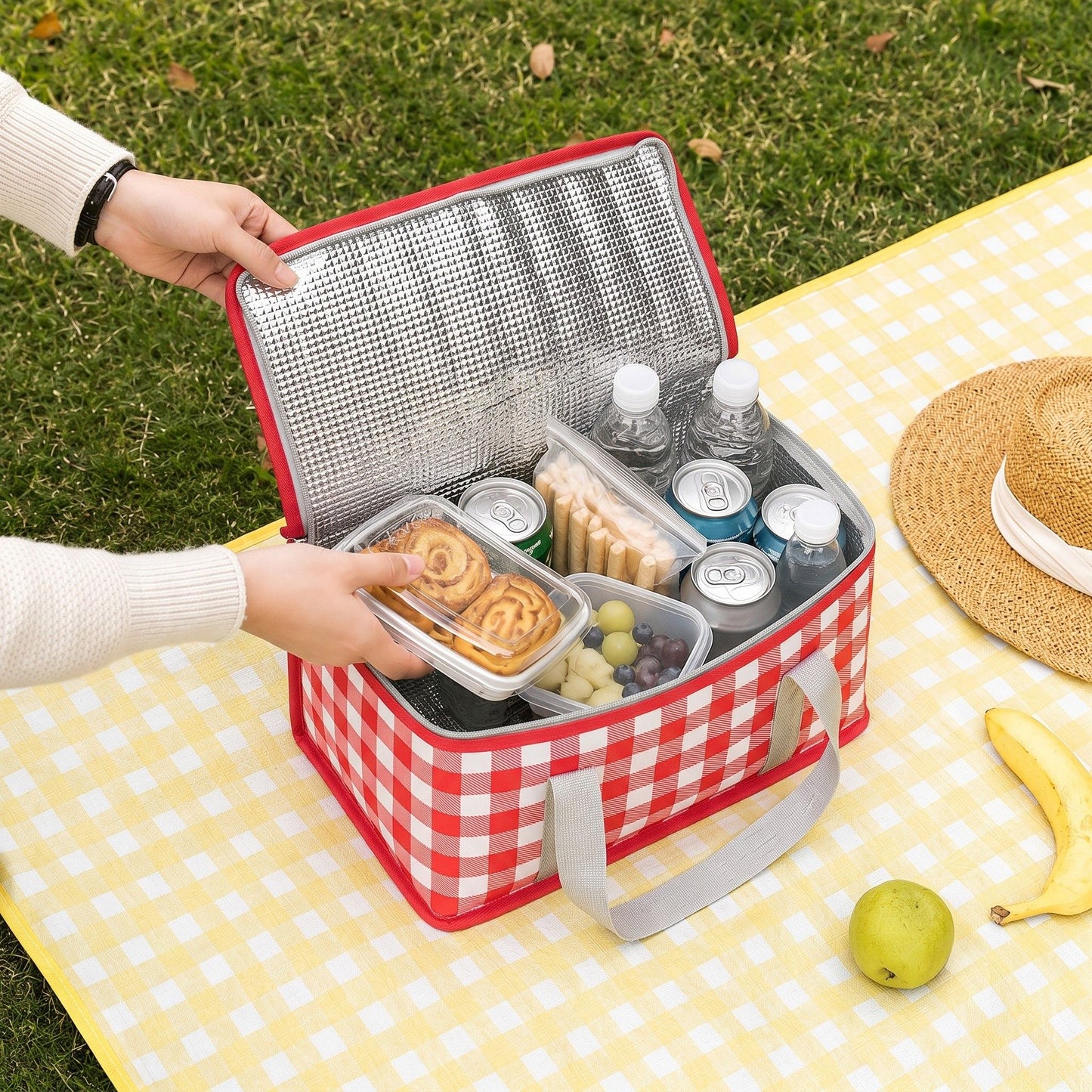 Insulated Picnic Lunch Bag with Zip Closure and Carry Handles