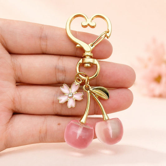 2-Pack Translucent Cherry Bag Charm Keychains with Flower Accents and Gold-Tone Heart Clasps