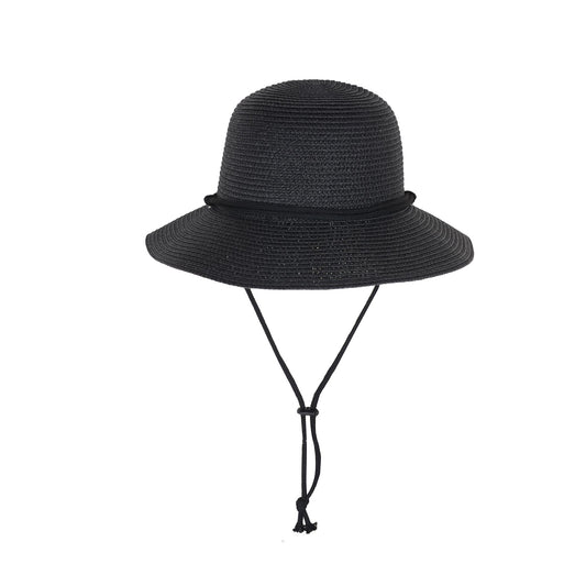 Wide Brim Straw Sun Hat with Chin Strap and Black Cord Detail for Outdoor Protection and Stylish Shade