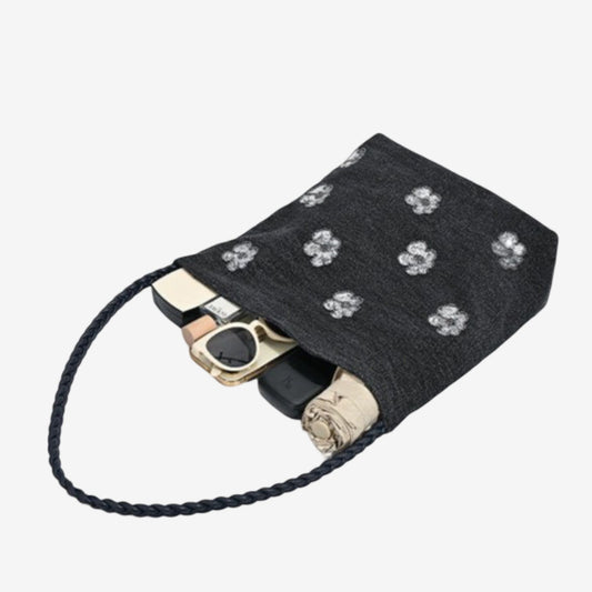 Black Sequin Embellished Braided Shoulder Bag Canvas Handbag