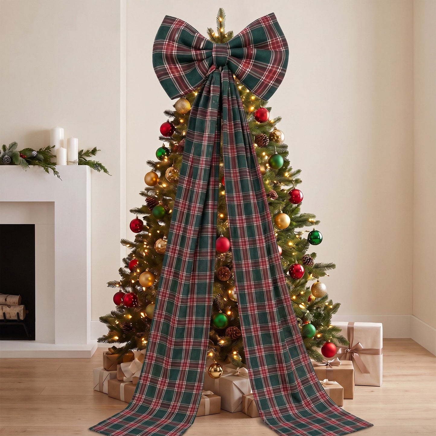 Large Plaid Christmas Bow with Long Ribbon Tails