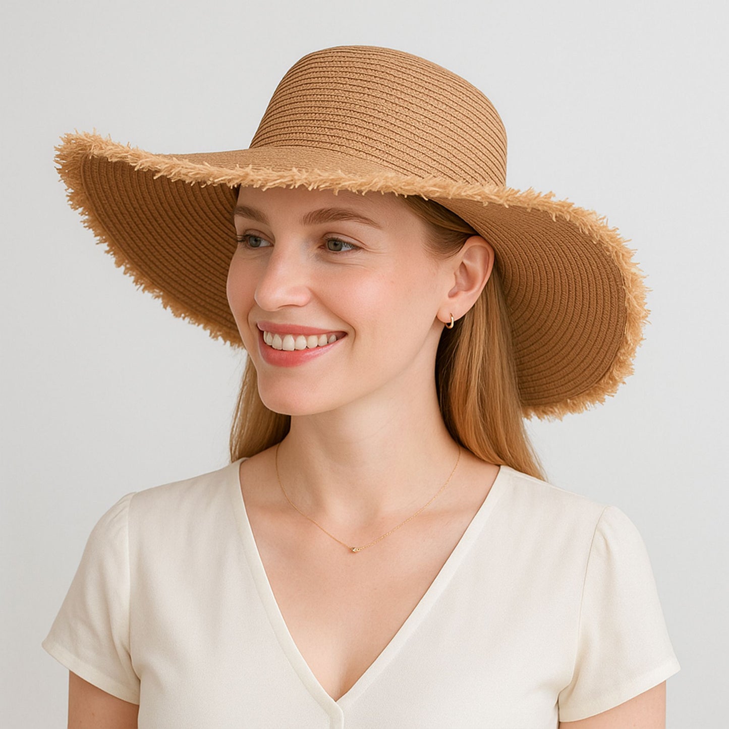 Wide Brim Straw Floppy Hat with Frayed Edges Lightweight Sun Protection for Beach Vacation Outdoor Travel Style